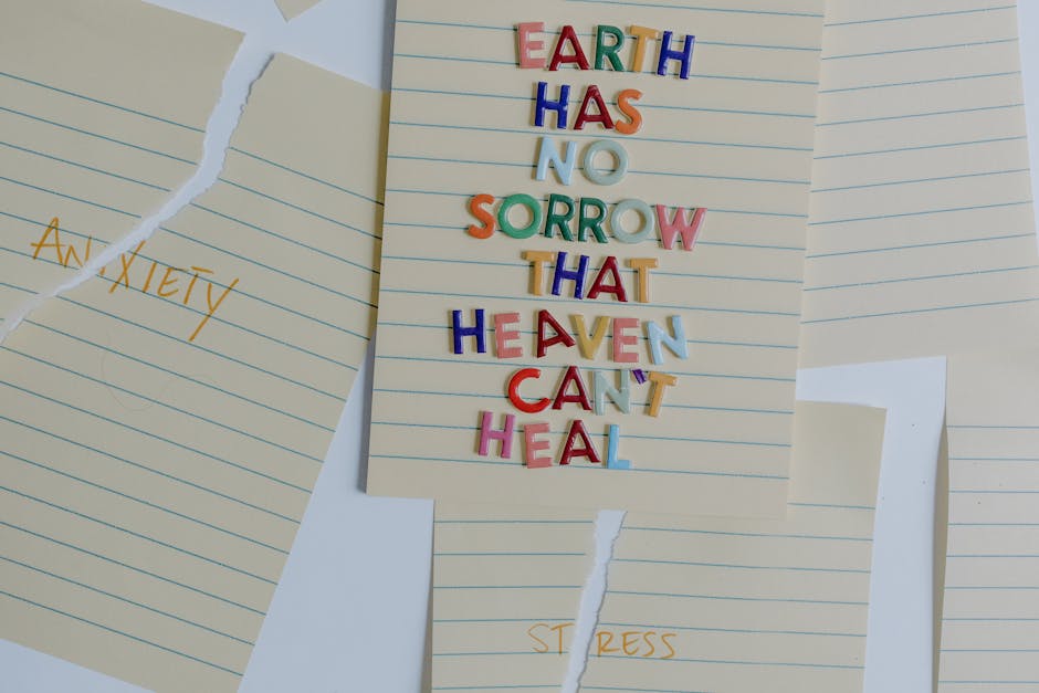 Torn papers with an uplifting quote emphasizing healing and overcoming anxiety and stress.