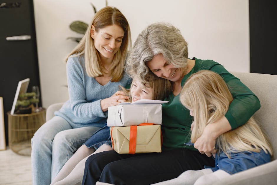 A happy family sharing gifts and smiles indoors, capturing moments of togetherness and joy.