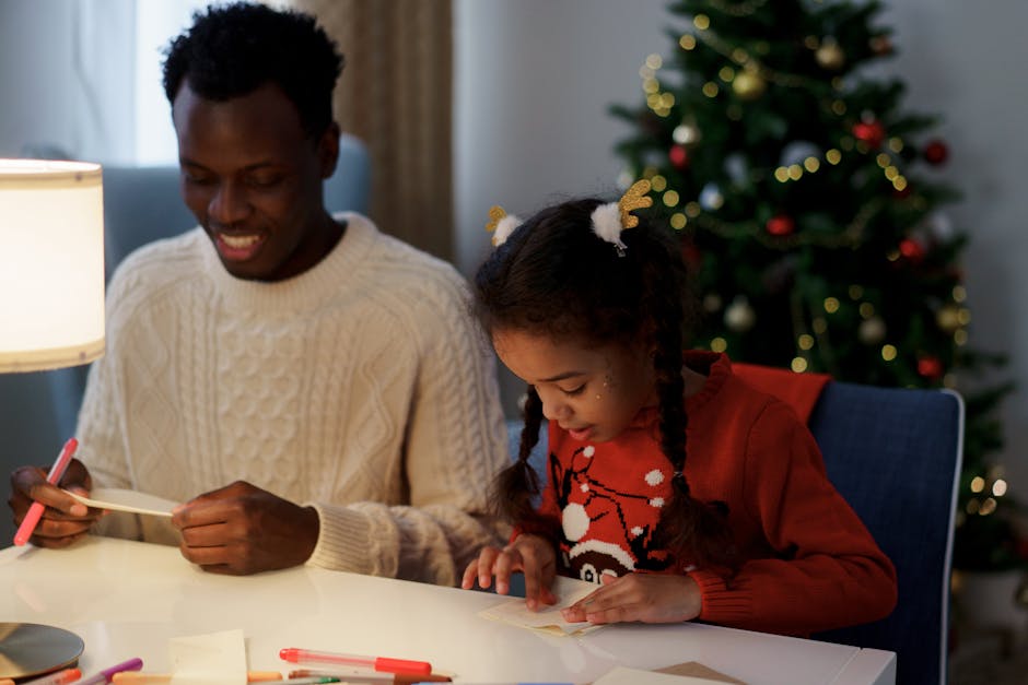 Father and daughter crafting together by the Christmas tree, enjoying holiday bonding time.