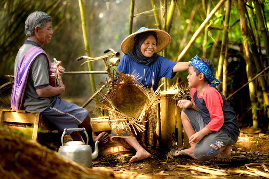 A family enjoys a serene moment in a bamboo grove in Tangerang, Indonesia.