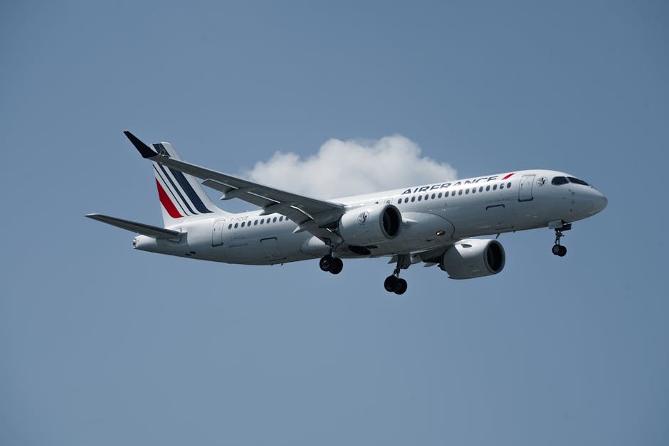 Air France airplane captured mid-flight against a clear sky in Hamburg, Germany.