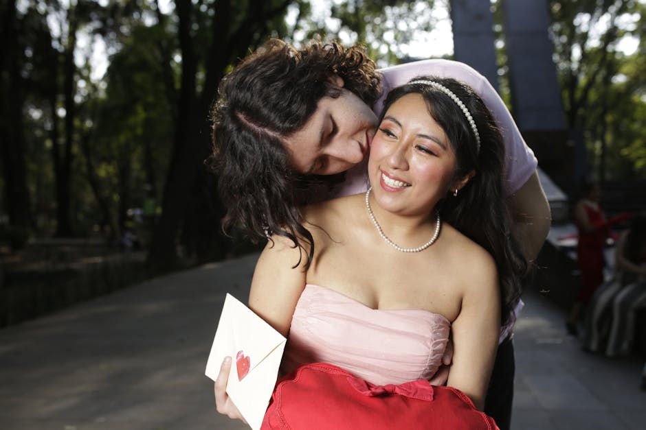 A couple embraces in a romantic setting, holding a love letter in Mexico City park. Perfect for Valentine’s themes.