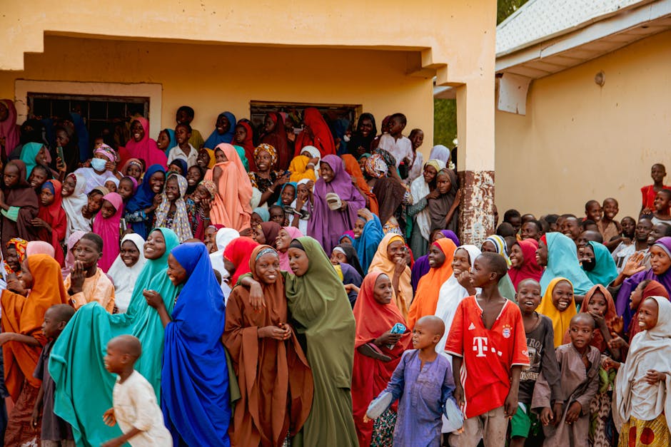 A vibrant crowd in colorful attire gathered outdoors in Borno, Nigeria, sharing happiness.