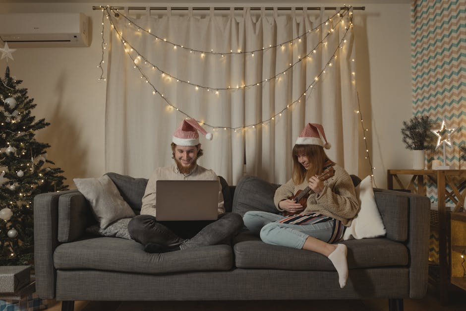 A smiling couple enjoys a festive evening indoors, with Christmas decorations and ukulele music.