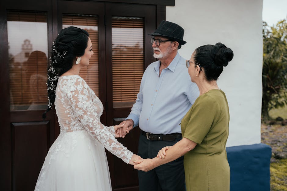 Bride holding hands with parents in intimate wedding moment, Costa Rica.