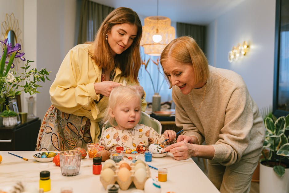 Family enjoying a fun-filled day painting Easter eggs together indoors.