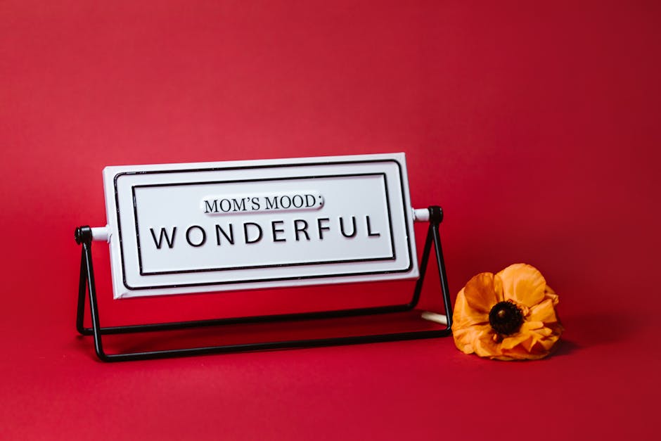 Decorative sign reading 'Mom's Mood Wonderful' alongside a bright orange flower on a red background.