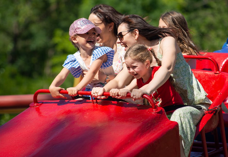 Joyful family experiencing excitement and exhilaration on a roller coaster ride, full of smiles and laughter.
