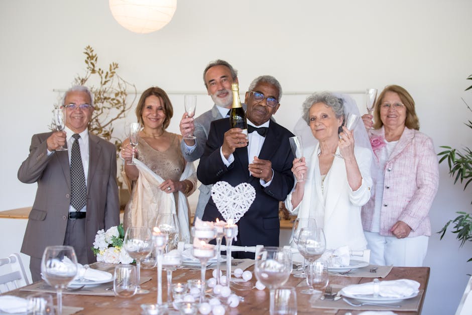 Group of senior adults celebrating a wedding indoors in Portugal