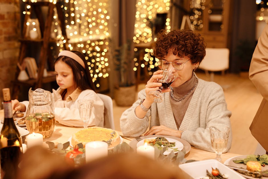 A cozy family gathering celebrating the holiday season with festive decorations and delicious food.