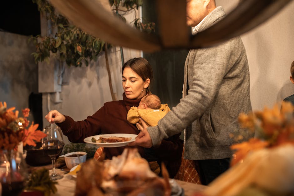 Cozy Thanksgiving family dinner scene with autumn decor and heartfelt togetherness.