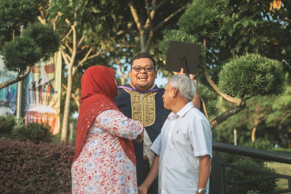 Young graduate celebrating with family in Putrajaya, Malaysia, outdoors in a joyful atmosphere.