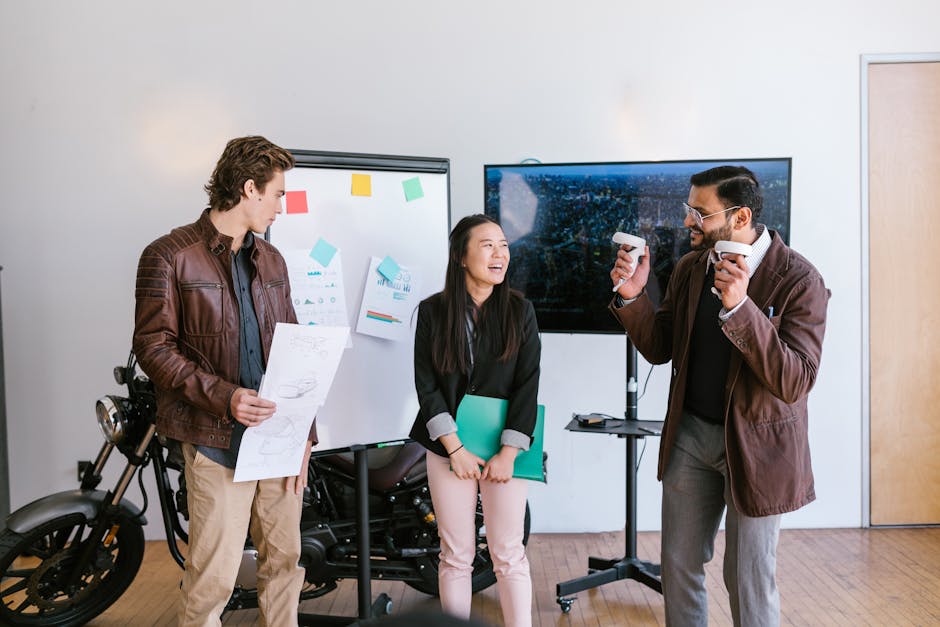 A diverse group of adults collaborates in a lively business meeting, sharing ideas and presentations.
