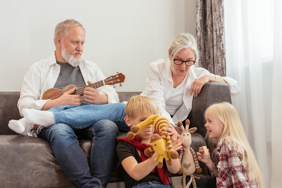 Grandparents enjoying time with grandchildren indoors, playing with ukulele and toys.