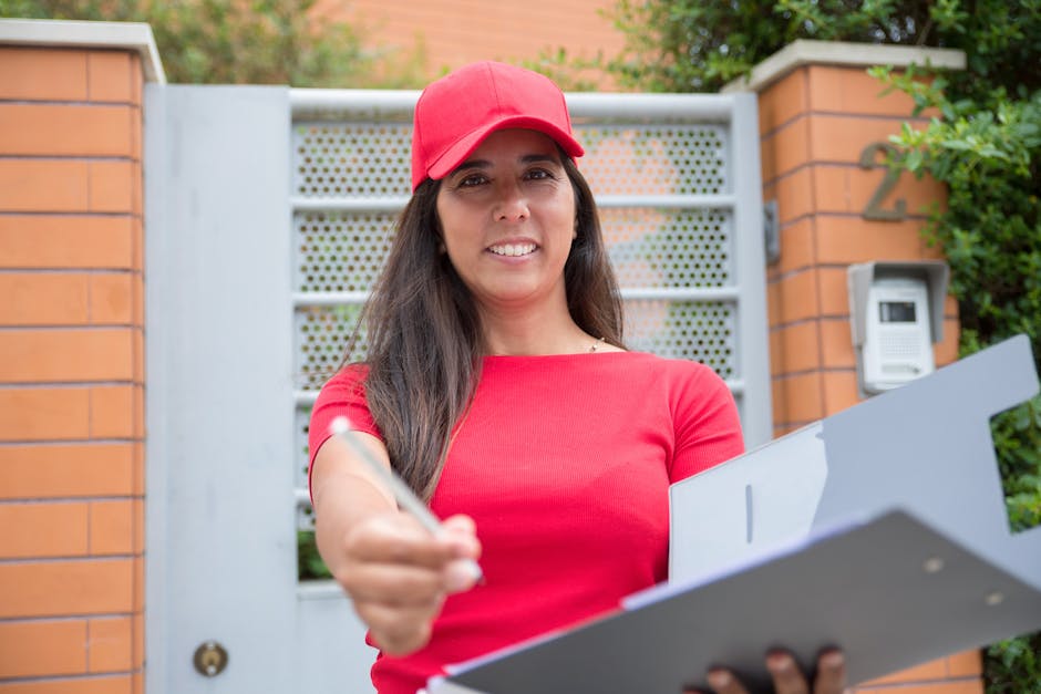 Cheerful courier handing over a package at a residential gate in Portugal.