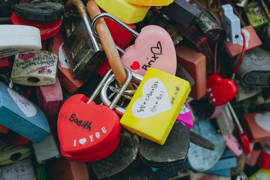 Vibrant heart-shaped love locks at Namsan Seoul Tower symbolize eternal love and tourist attraction.