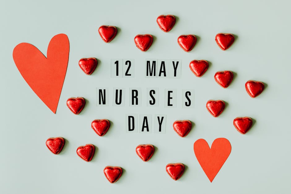 Celebrate Nurses Day on 12 May with heart-themed typography and red chocolate hearts.