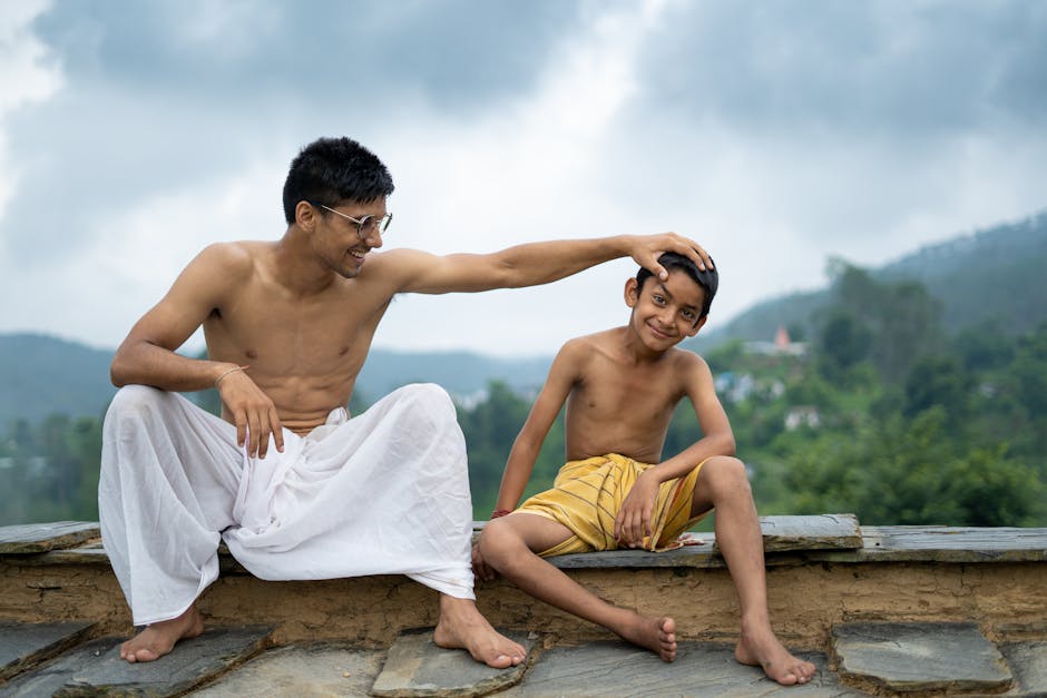 A joyful father and son bonding in a natural outdoor setting, expressing happiness and love.