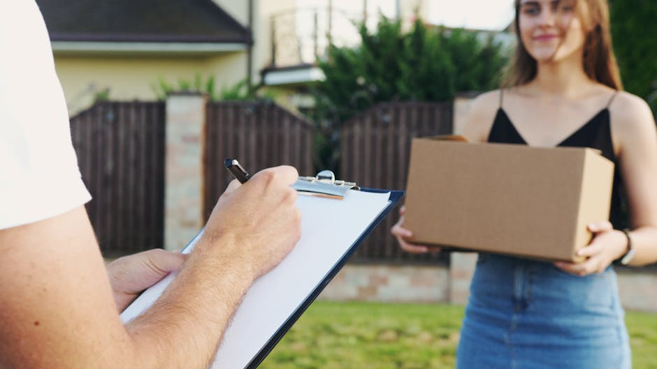 A courier signs for a package delivery outdoors with a clipboard and a happy recipient.