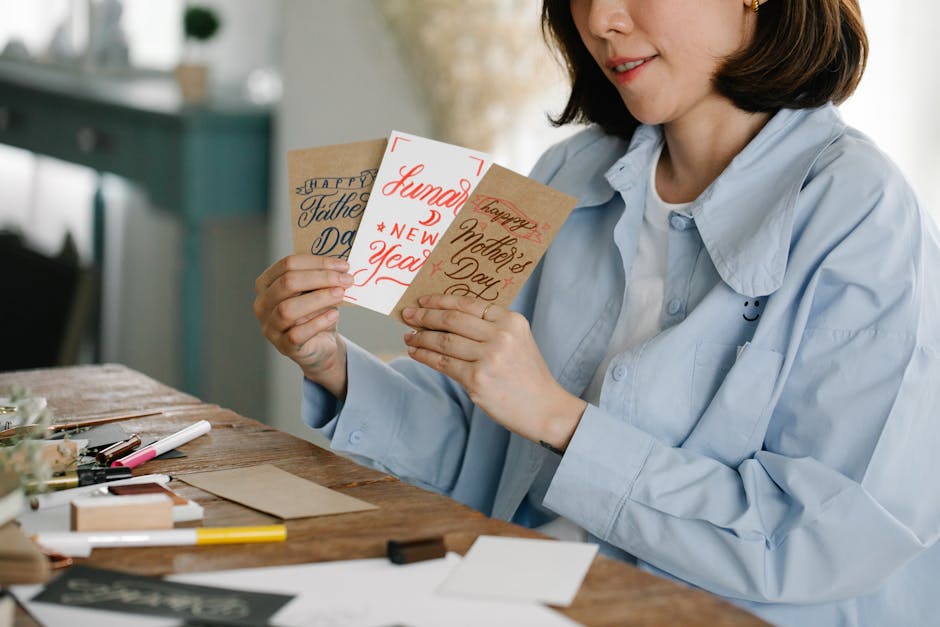 Woman holding greeting cards for holidays like Father's Day and New Year's.